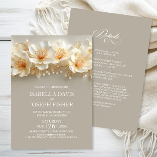 All in One Elegant White and Gold Floral Wedding Invitation