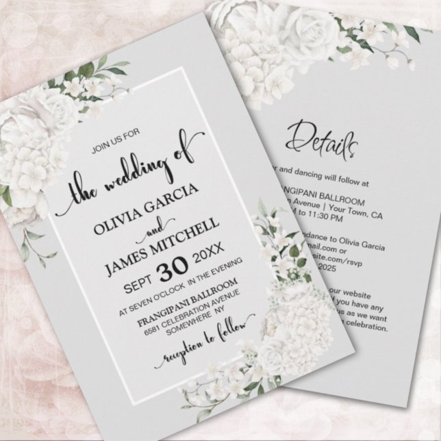 All In One Elegant White Floral Grey Wedding Invitation (Creator Uploaded)