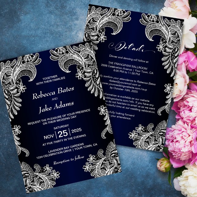 All In One Elegant White Lace Blue Wedding Invitation (Creator Uploaded)