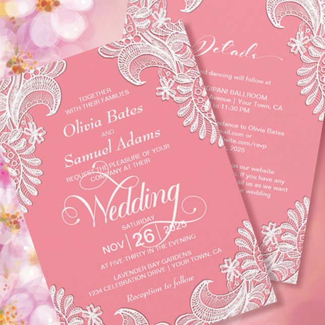 All In One Elegant White Lace Pink Wedding Invitation (Creator Uploaded)