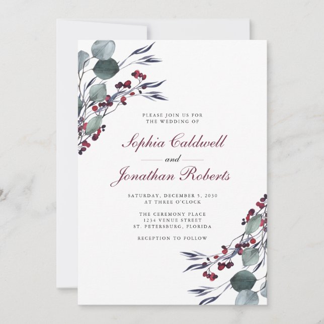 All in One Eucalyptus Berries No QR Code Wedding Invitation (Front)
