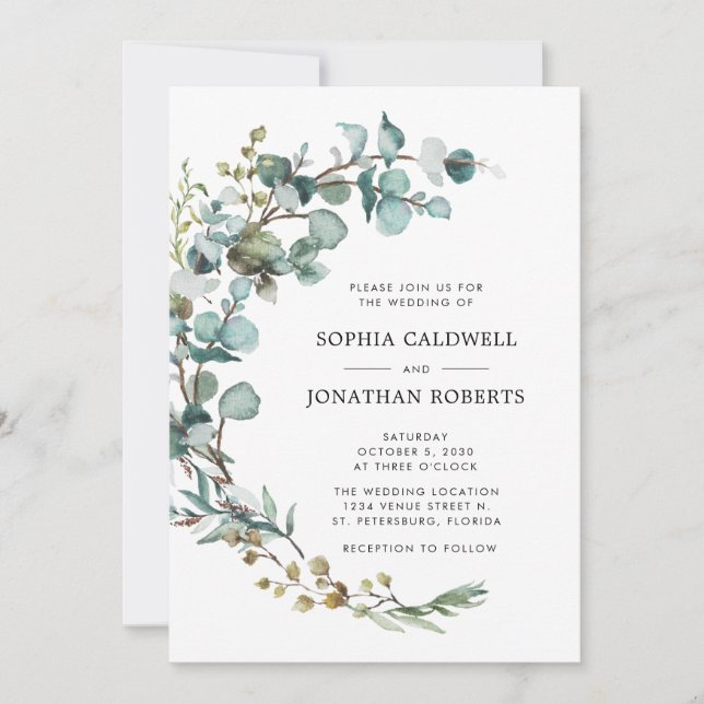 All in One Eucalyptus Botanical Wedding Invitation (Front)