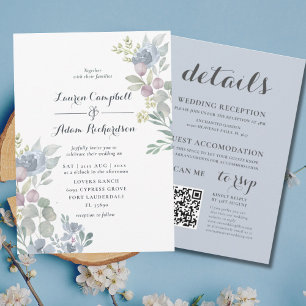All-in-one Eucalyptus Floral Dusty Blue Wedding Invitation