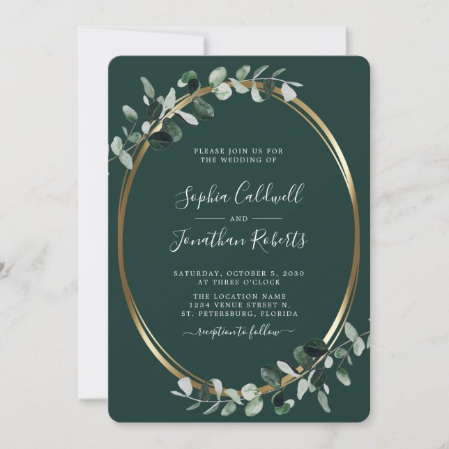All in One Eucalyptus Gold Emerald Green Wedding Invitation (Front)