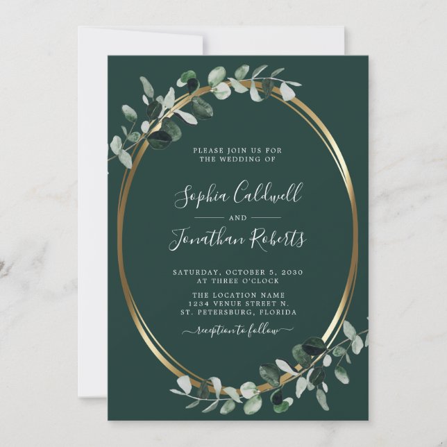 All in One Eucalyptus Gold Emerald Green Wedding Invitation (Front)