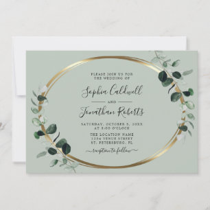 All in One Eucalyptus Gold Sage Horizontal Wedding Invitation
