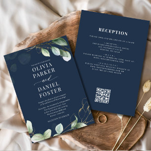 All in One Eucalyptus Navy Blue QR Code Wedding Invitation
