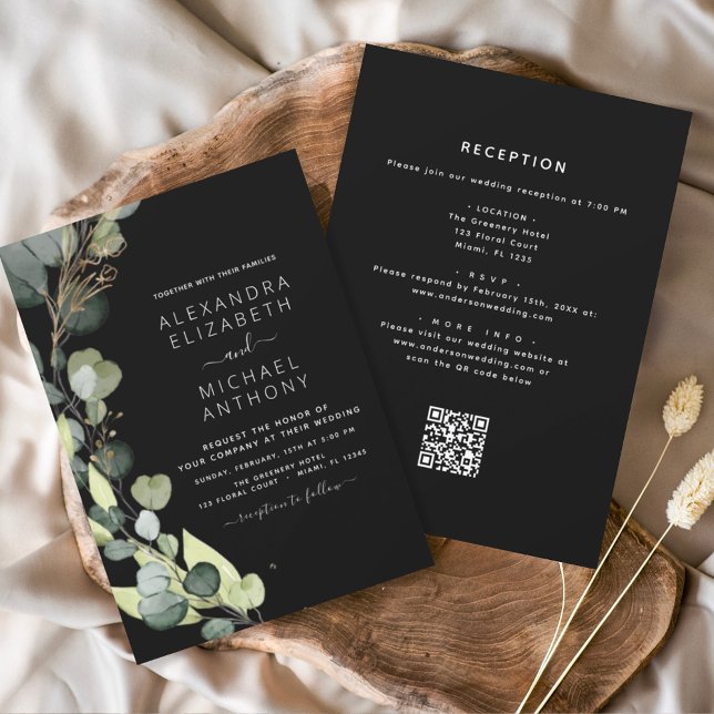 All in One Eucalyptus QR Code Black Wedding Invitation (Creator Uploaded)