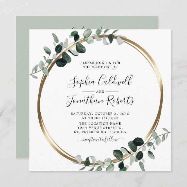 All in One Eucalyptus White Sage Square Wedding Invitation (Front/Back)
