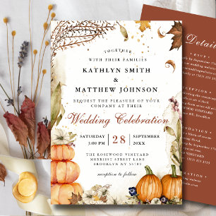 All In One Fall In Love Pumpkin Botanical Wedding Invitation