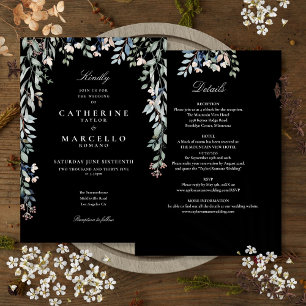 All In One Floral Black And White Wedding Invitation