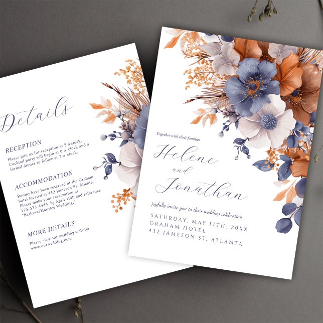 All In One Floral Elegant Dusty Blue Rust Wedding Invitation (All In One Floral Elegant Dusty Blue Rust Wedding Invitation)