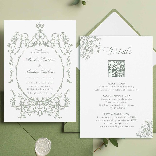 All in One Floral Frame Green Wedding           Invitation (Front & Back)