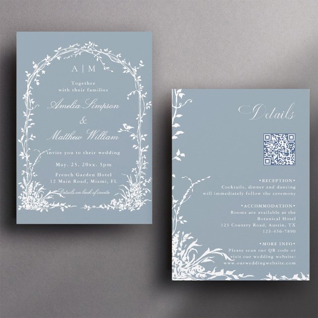All in One Floral Garden Wedding Arch Dusty Blue  Invitation (Front & Back)