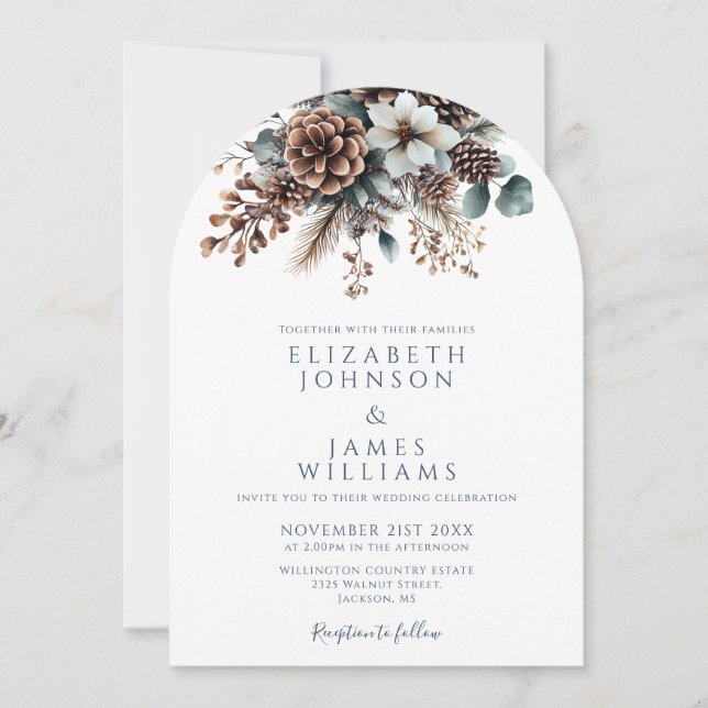 All In One Floral Pinecone QR Code Wedding Arch Invitation (Front)
