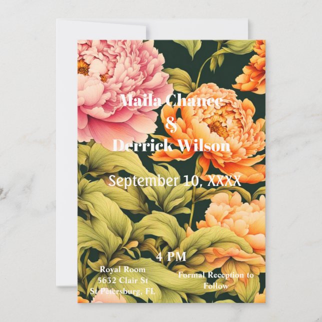 All In One Floral Pink Orange Frame Green Wedding Invitation (Front)