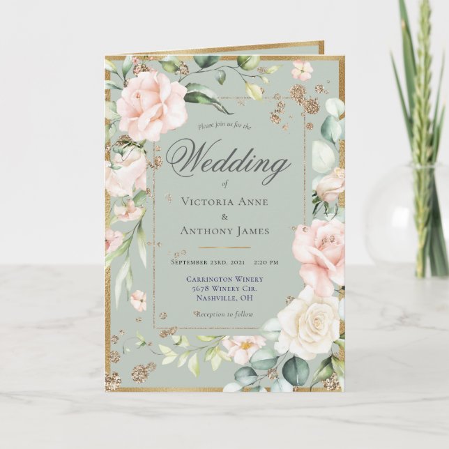All-in-One Floral Sage Green Elegant Wedding Invitation (Front)