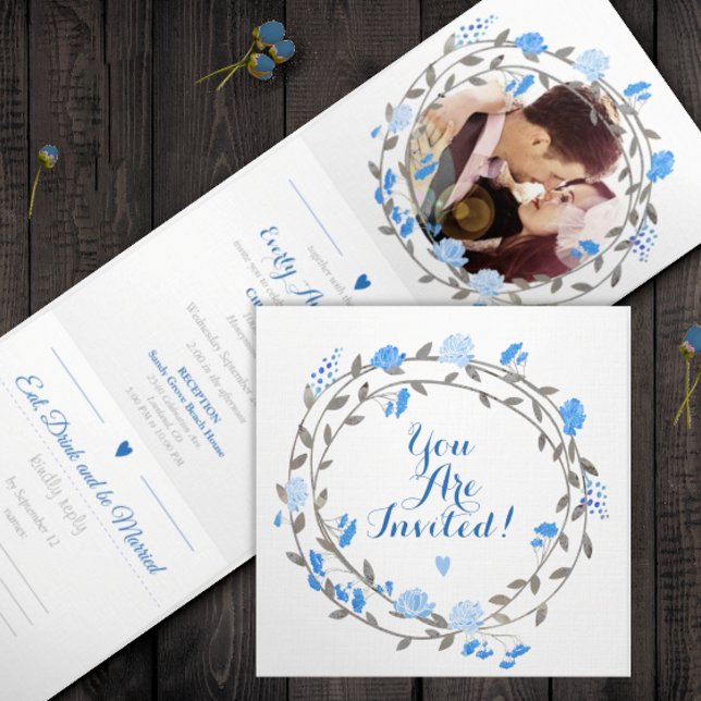 All in One French Blue Grey Floral Wreath Wedding Tri-Fold Invitation (Creator Uploaded)