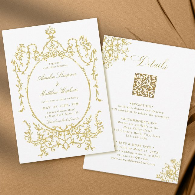All in One French Floral Frame Gold Wedding Invitation (Front & Back)