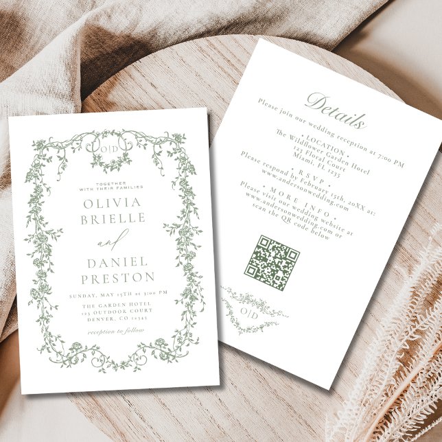 All In One French Sage Green QR Code Wedding Invitation (Creator Uploaded)