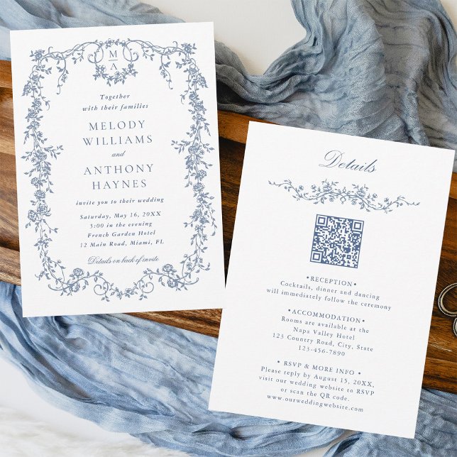 All in One French Victorian Blue Floral Wedding  Invitation (Front & Back)