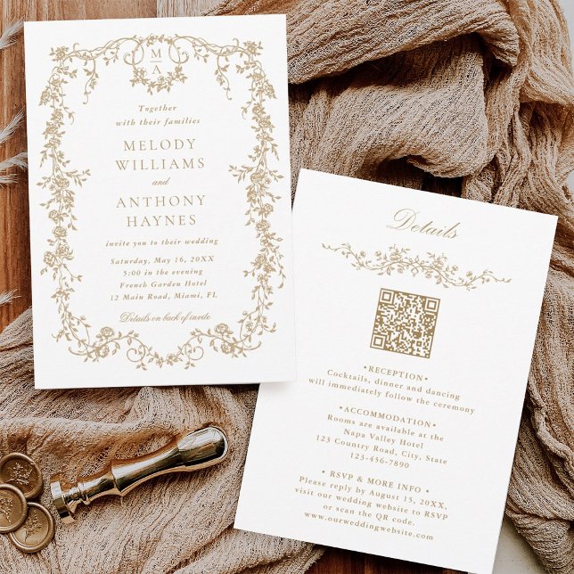 All in One French Victorian Gold Floral Wedding  Invitation (Front & Back)