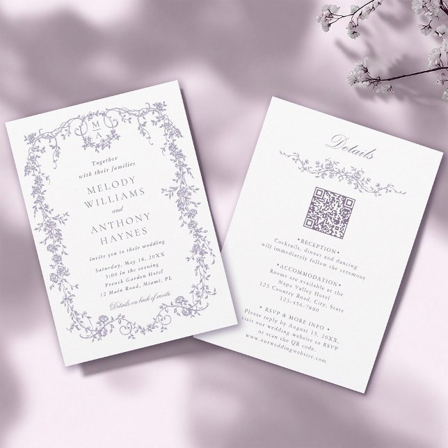 All in One French Victorian Lavender Wedding  Invitation (Front & Back)