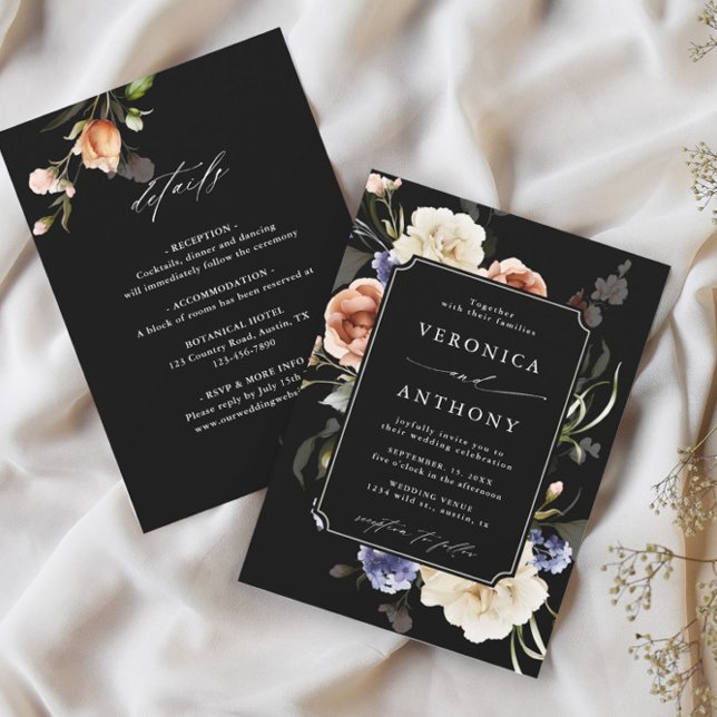 All In One Garden Floral Frame Wedding Black Invit Invitation (Creator Uploaded)