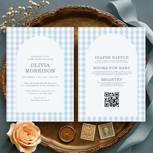 All in One Gingham Blue Boy Baby Shower Invitation (Creator Uploaded)