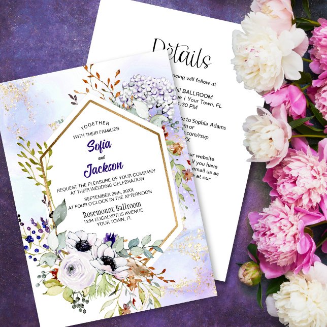 All in One Gold Geometric Purple Floral Wedding Invitation (Creator Uploaded)