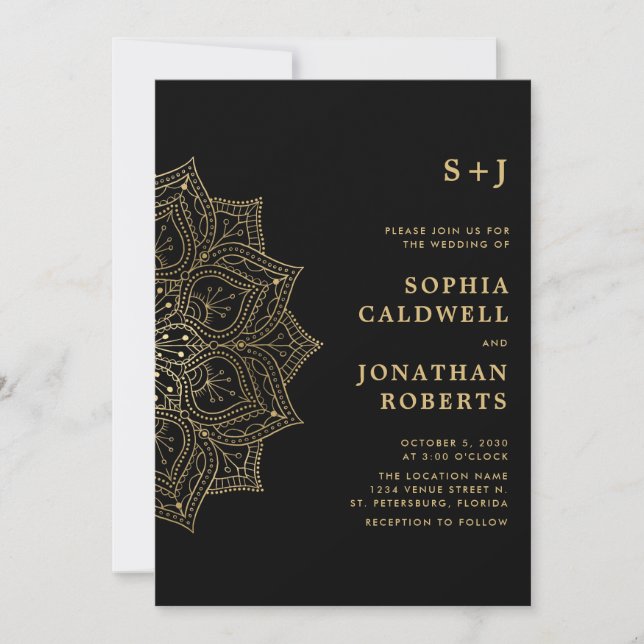 All in One Gold Mandala Monogram Black Wedding Invitation (Front)