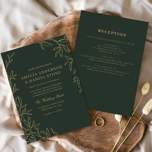 All in One Green Gold Minimal Leaf Wedding  Invitation (Creator Uploaded)