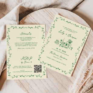 All In One Green Hand Drawn QR Code Wedding Invitation