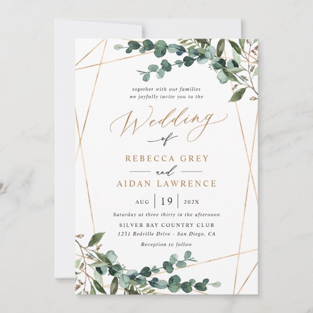All-In-One Greenery Gold Geometric QR Code Wedding Invitation (Front)