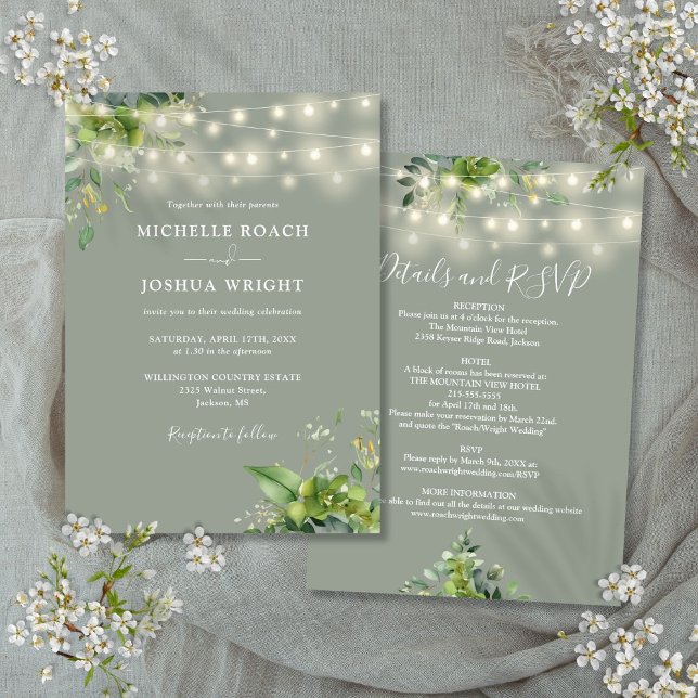 All In One Greenery Lights Sage Green Wedding Invitation (All In One Greenery Lights Sage Green Wedding Invitation)