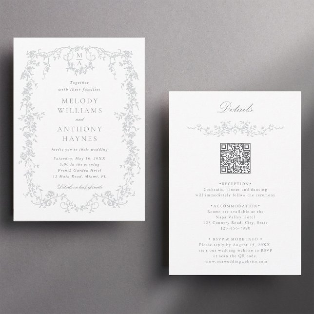 All in One Grey French Floral Wedding  Invitation (Front & Back)