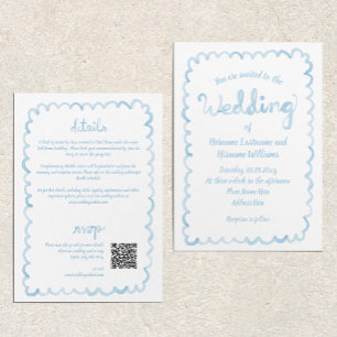 All In One Hand Drawn Light Blue QR RSVP Wedding Invitation