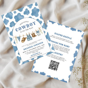 All in One Little Cowboy Blue QR Code Baby Shower Invitation