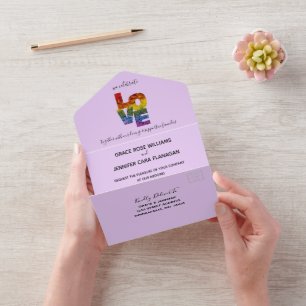 All in One LOVE Purple Themed Same-Sex Wedding Invitation