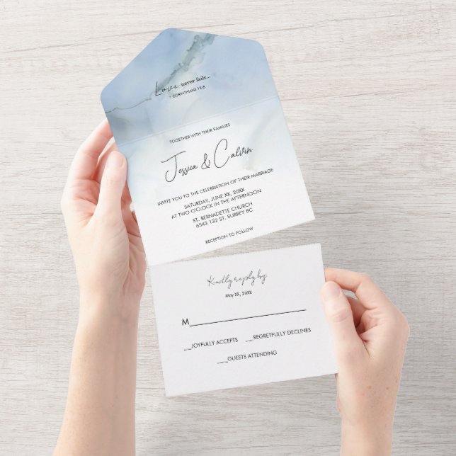 All In One Minimal Blue And White Wedding Invite (Tearaway)
