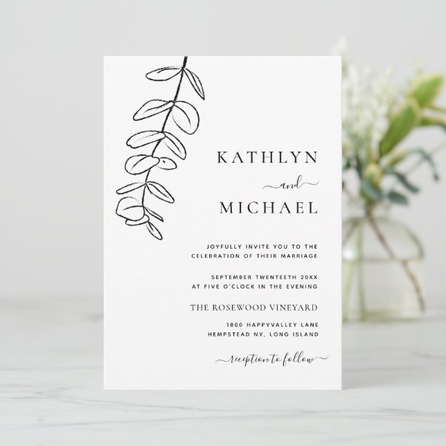 All In One Modern Eucalyptus Line Art Wedding Invitation (Standing Front)