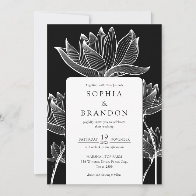 All In One Modern Floral Black And White Wedding Invitation (Front)