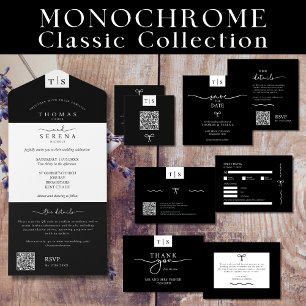 All in One Monochrome Black White QR Code Wedding All In One Invitation