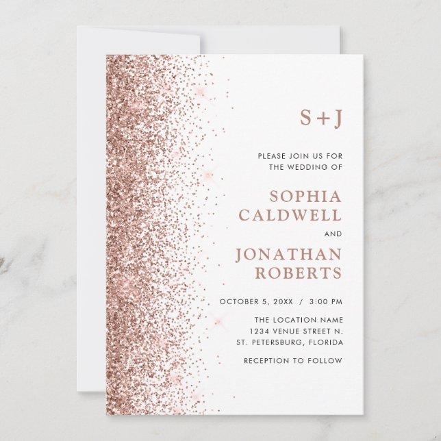All in One Monogram Rose Gold Glitter Wedding Invitation (Front)