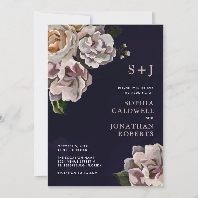 All in One Moody Floral Navy Wedding Invitation (Front)