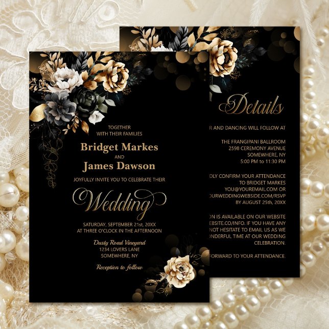 All In One Moody Gold Floral Black Wedding Invitation (Creator Uploaded)