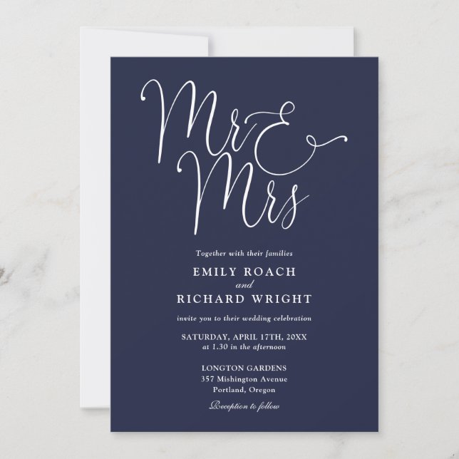 All In One Mr And Mrs Chic Navy Blue Wedding Invitation (Front)