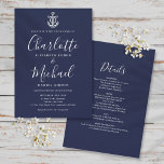 All In One Nautical Navy Blue And White Wedding Invitation<br><div class="desc">Featuring a ship's anchor and signature style names,  this elegant nautical wedding invitation can be personalised with all your special wedding day information on the reverse,  including your RSVP,  accommodation,  and additional details. Designed by Thisisnotme©</div>