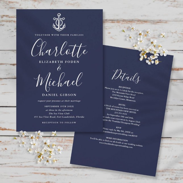All In One Nautical Navy Blue And White Wedding Invitation (Creator Uploaded)