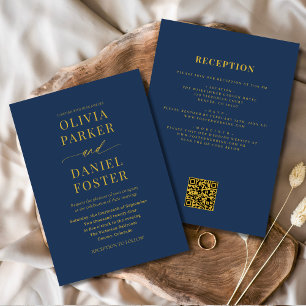 All in One Navy Blue Gold QR Code Wedding Invitation